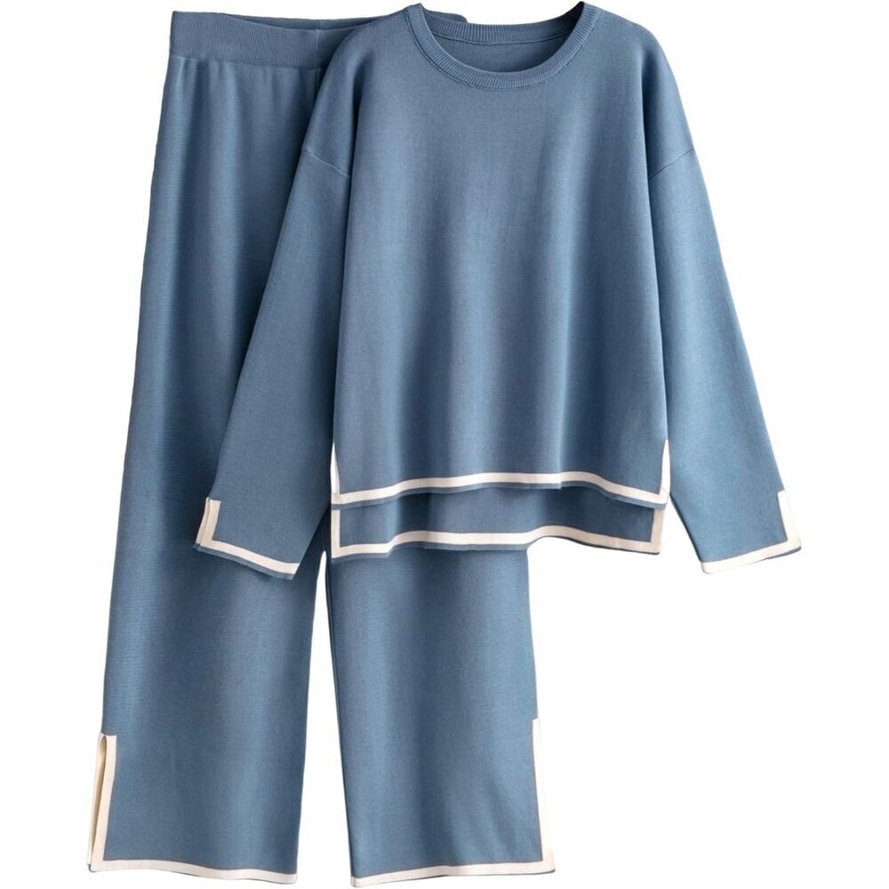 Women's Blue Long Sleeve Knit Sweater Top & Wide Leg Pants Lounge Set